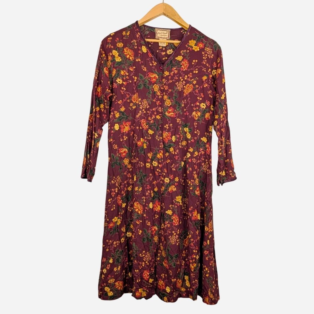 Vintage 90s April Cornell Burgundy Floral Rayon Button Front Midi Dress Small
